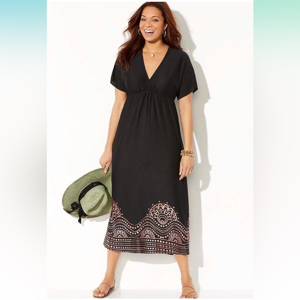 NWT Swimsuits For All Black/Rose Gold Kate V-Neck Cover Up Maxi Dress, 10/12